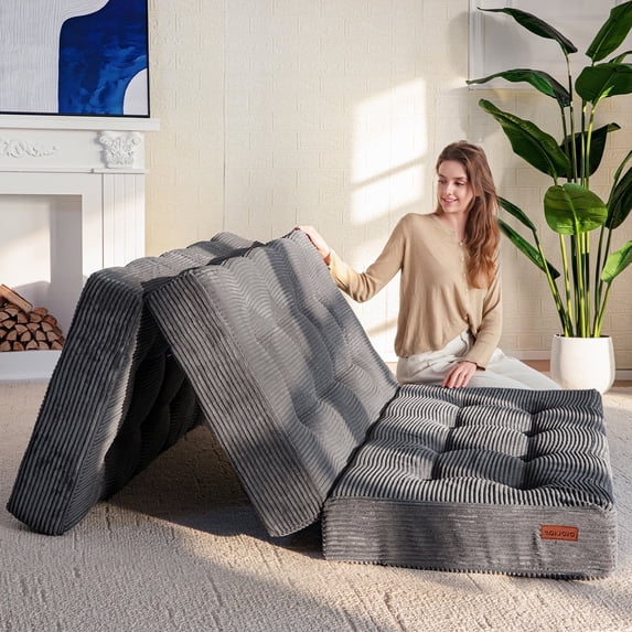 BYBYME 6 Inch Tri-Fold Mattress,Corduroy Folding Mattress,Filled with Whole Foam,Memory Foam Mattress Topper,Suitable for Sleeping,Camping,Twin,Dark Gray