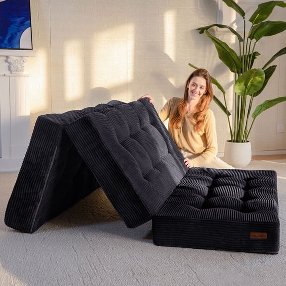 BYBYME 6 inch Tri-Fold Mattress,Corduroy Folding Mattress Made of a Whole Foam,Memory Foam Mattress Topper Perfect for Sleeping,Camping,Queen,Black