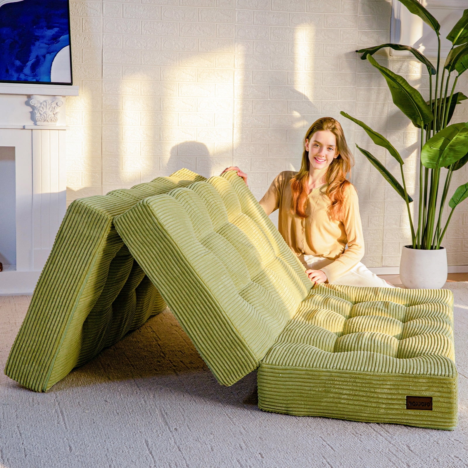 BYBYME 6 inch Tri-Fold Mattress,Corduroy Folding Mattress Made of a Whole Foam,Memory Foam Mattress Topper Perfect for Sleeping,Camping,Queen,Green