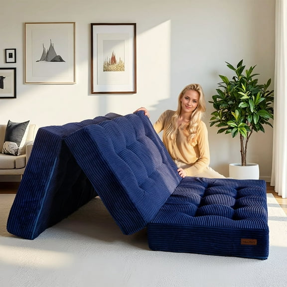 BYBYME 6 inch Tri-Fold Mattress,Corduroy Folding Mattress Made of a Whole Foam,Memory Foam Mattress Topper Perfect for Sleeping,Camping,Twin,Navy