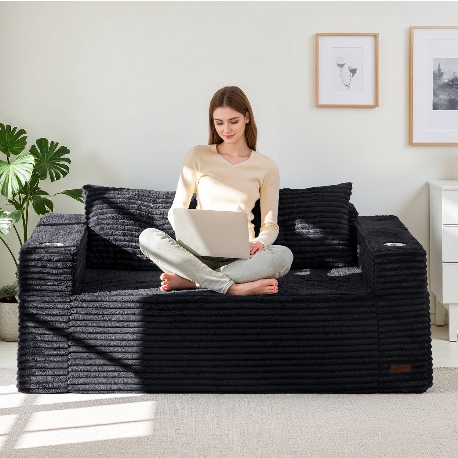 BYBYME 63" Corduroy Cloud Floor Sofa,Modular Comfy Small Cloud Couch for Small Spaces,Boneless Sofa for Living Room,No Assembly,Loveseat,Black