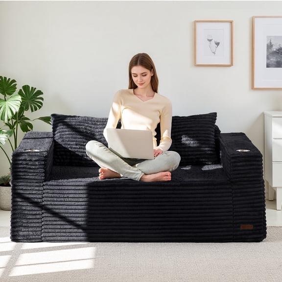 BYBYME 63" Corduroy Cloud Floor Sofa,Modular Comfy Small Cloud Couch for Small Spaces,Boneless Sofa for Living Room,No Assembly,Loveseat,Black