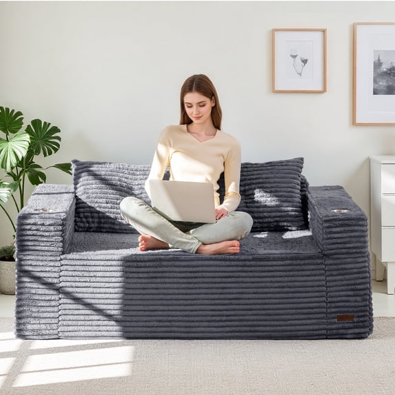 BYBYME 63" Corduroy Cloud Floor Sofa,Modular Comfy Small Cloud Couch for Small Spaces,Boneless Sofa for Living Room,No Assembly,Loveseat,Dark Grey