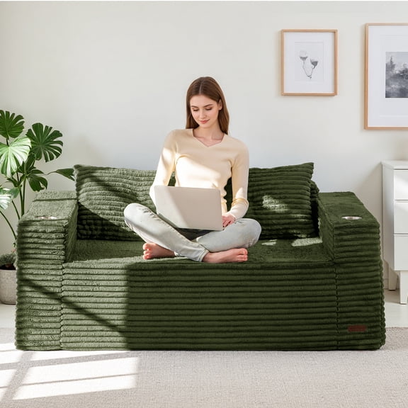 BYBYME 63" Corduroy Cloud Floor Sofa,Modular Comfy Small Cloud Couch for Small Spaces,Boneless Sofa for Living Room,No Assembly,Loveseat,Green