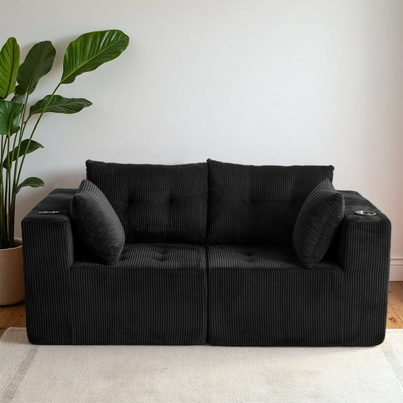 BYBYME 73"Oversized Loveseat Couch,2 Seat Sectional Corduroy Tufted Sofa,Upholstered Symmetrical Cloud Couch with Double Chaise,Wrap Around Sofa for Living Room Apartment Office,Sofa in A Box,Black