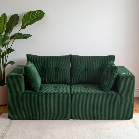 BYBYME 73"Oversized Loveseat Couch,2 Seat Sectional Corduroy Tufted Sofa,Upholstered Symmetrical Cloud Couch with Double Chaise,Wrap Around Sofa for Living Room Apartment Office,Sofa in A Box,Green