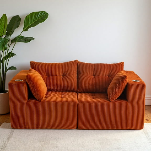 BYBYME 73"Oversized Loveseat Couch,2 Seat Sectional Corduroy Tufted Sofa,Upholstered Symmetrical Cloud Couch with Double Chaise,Wrap Around Sofa for Living Room Apartment Office,Sofa in A Box,Orange