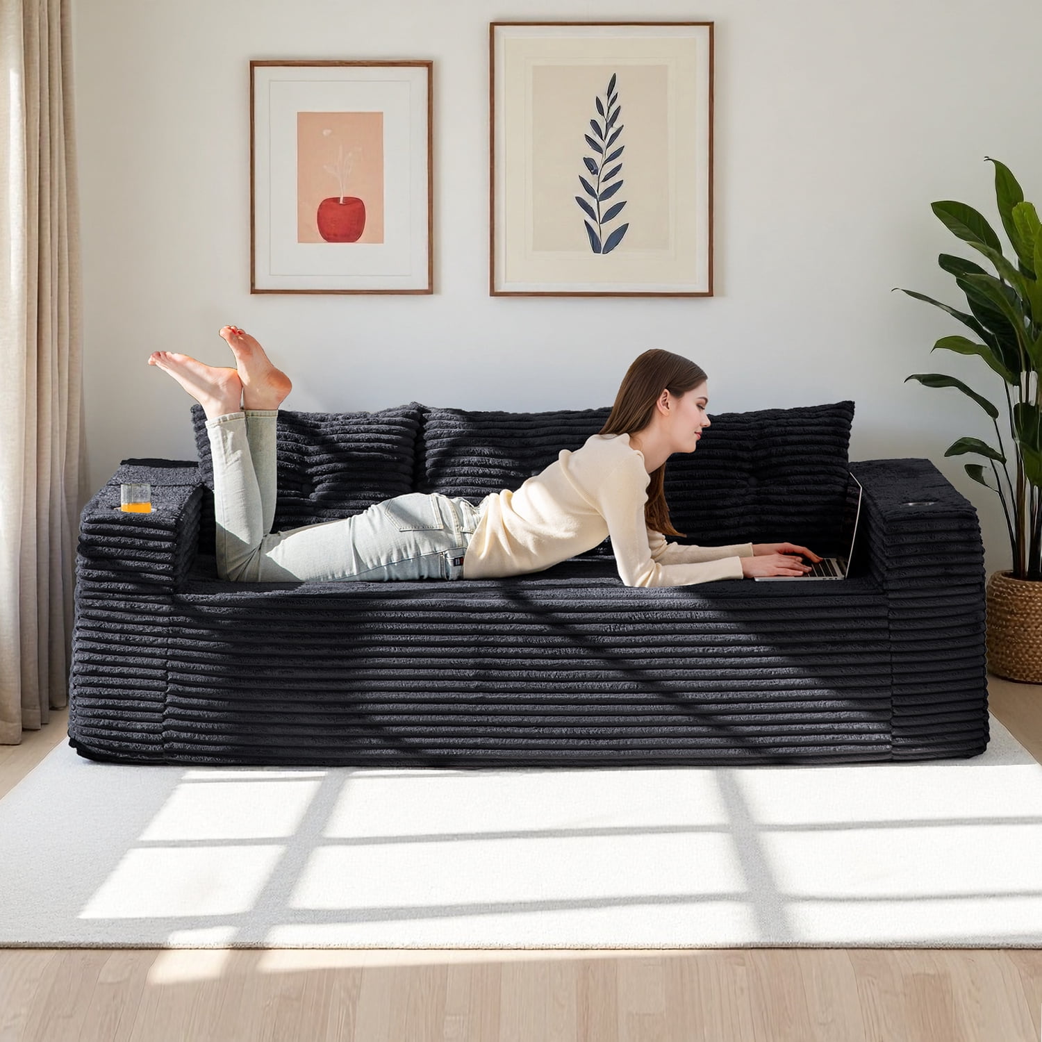 BYBYME 78.7" Corduroy Cloud Floor Sofa,Modular Comfy Small Cloud Couch for Small Spaces,Boneless Sofa for Living Room,No Assembly,3-Seater,Black