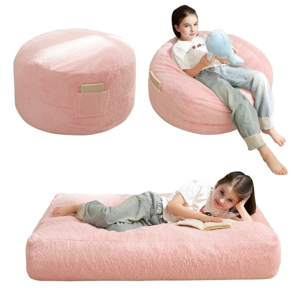 BYBYME Bean Bag Chair Bed for Kids,Convertible Bean Bag Folds from Lazy Chair to Floor Mattress Bed, Machine Washable Corded Fabric,Stuffed Floor Sofa Couch for Boys and Girls,Pink