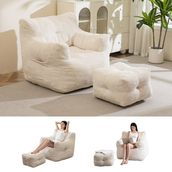 BYBYME Bean Bag Chair with Ottoman,Comfortable Lazy Sofa with Footstool,Floor-standing Bean Bag Sofa Filled with High-density Crushed Foam,Universal for Bedroom,Living Room,Beige