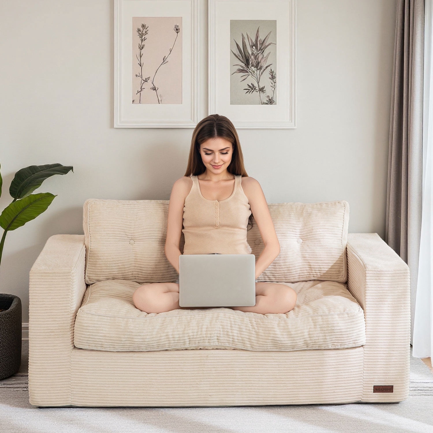 BYBYME Bean Bag Chair Sofa for Adults,Giant Large Loveseat Boneless Couch with Tufted Cushion & Backrest,Comfy Chair Lazy Sofa for Bedroom Living Room,Beige