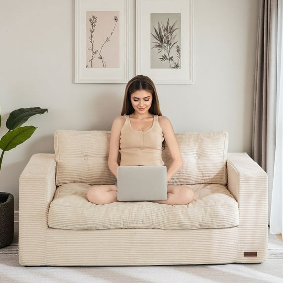 BYBYME Bean Bag Chair Sofa for Adults,Giant Large Loveseat Boneless Couch with Tufted Cushion & Backrest,Comfy Chair Lazy Sofa for Bedroom Living Room,Beige