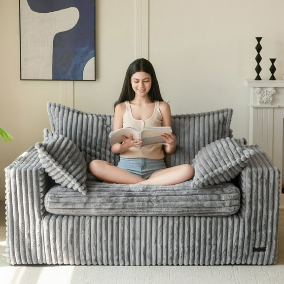 BYBYME Boneless Couch Sofa,Thick Corduroy Loveseat Bean Bag Chair Upholstered 2 Steater Sofa Couch with Deep Seating,Sofa in a Box or Bedroom Office Apartment,No Assembly,Grey