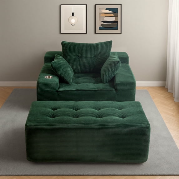 BYBYME Chaise Lounge Chair,No Assembly Cloud Plush Corduroy Upholstered Sofa Bed,Boneless Chaise with 3 Pillows,Cozy Sleeper Couch for Living Roomwith Ottoman,Green