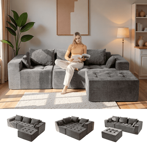 BYBYME Cloud Sectional Couch with L-Shape Chaise Modern Comfy Modular Chenille Sofa for Living Room,Tufted 4-Seat Sleeper Chair with 1 Ottoman,Sofa in A Box,No Assembly Required,Grey