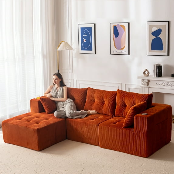 BYBYME Cloud Sectional Couch with L-Shape Chaise Modern Comfy Modular Corduroy Sofa for Living Room,Tufted 4-Seat Sleeper Chair with 1 Ottoman,Sofa in A Box,No Assembly Required,Orange