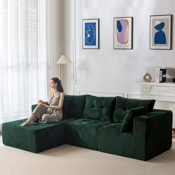 BYBYME Cloud Sectional Couch with L-Shape Chaise Modern Comfy Modular Corduroy Sofa for Living Room,Tufted 4-Seat Sleeper Chair with 1 Ottoman,Sofa in A Box,No Assembly Required,Green