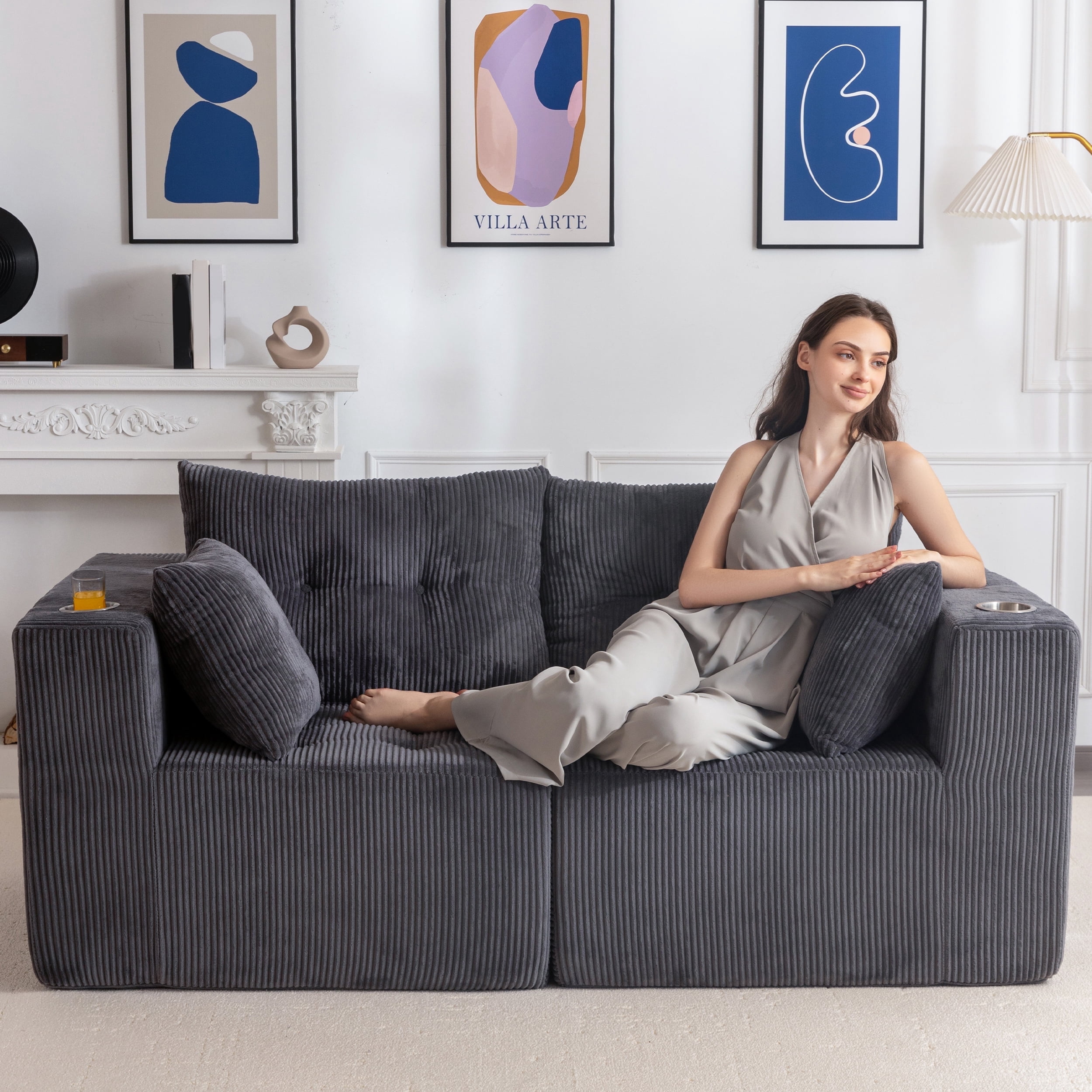 BYBYME Cloud Sectional Couch Loveseat Modern Comfy Modular Corduroy Sofa for Living Room,Tufted 2-Seat Sleeper Chair,Sofa in A Box,No Assembly Required,Grey