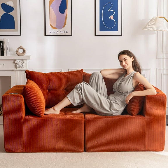 BYBYME Cloud Sectional Couch Loveseat Modern Comfy Modular Corduroy Sofa for Living Room,Tufted 2-Seat Sleeper Chair,Sofa in A Box,No Assembly Required,Orange