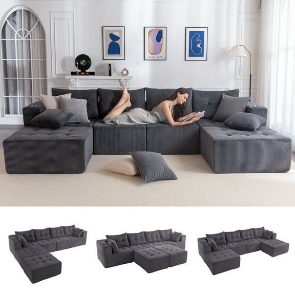 BYBYME Cloud Sectional Couch with U-Shape Chaise Modern Comfy Modular Corduroy Sofa for Living Room,Tufted 6-Seat Sleeper Chair with 2 Ottoman,Sofa in A Box,No Assembly Required,Grey