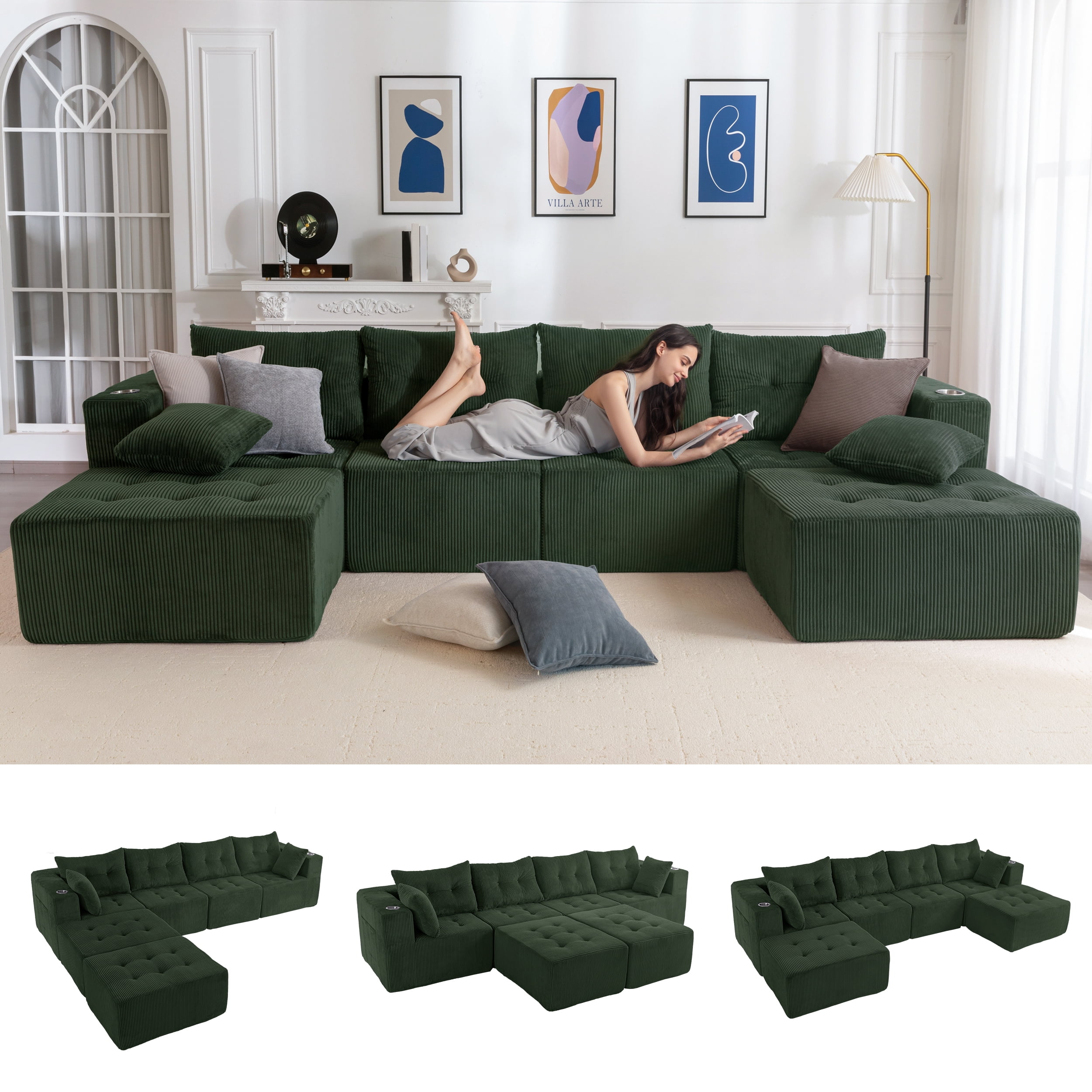 BYBYME Cloud Sectional Couch with U-Shape Chaise Modern Comfy Modular Corduroy Sofa for Living Room,Tufted 6-Seat Sleeper Chair with 2 Ottoman,Sofa in A Box,No Assembly Required,Green