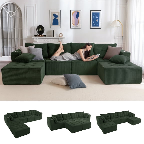 BYBYME Cloud Sectional Couch with U-Shape Chaise Modern Comfy Modular Corduroy Sofa for Living Room,Tufted 6-Seat Sleeper Chair with 2 Ottoman,Sofa in A Box,No Assembly Required,Green
