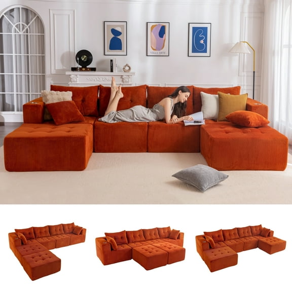 BYBYME Cloud Sectional Couch with U-Shape Chaise Modern Comfy Modular Corduroy Sofa for Living Room,Tufted 6-Seat Sleeper Chair with 2 Ottoman,Sofa in A Box,No Assembly Required,Orange
