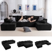 BYBYME Cloud Sectional Couch with U-Shape Chaise Modern Comfy Modular Corduroy Sofa for Living Room,Tufted 6-Seat Sleeper Chair with 2 Ottoman,Sofa in A Box,No Assembly Required,Black