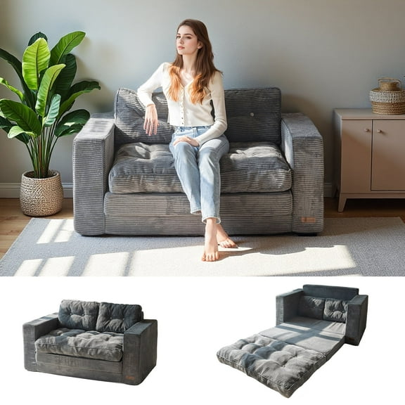 BYBYME Convertible Futon Sofa Bed,Pull Out Couch Beds Loveseat Sleeper,2 in 1 Folding Couch Bed with Pillows for Living Room Bedroom,Beige