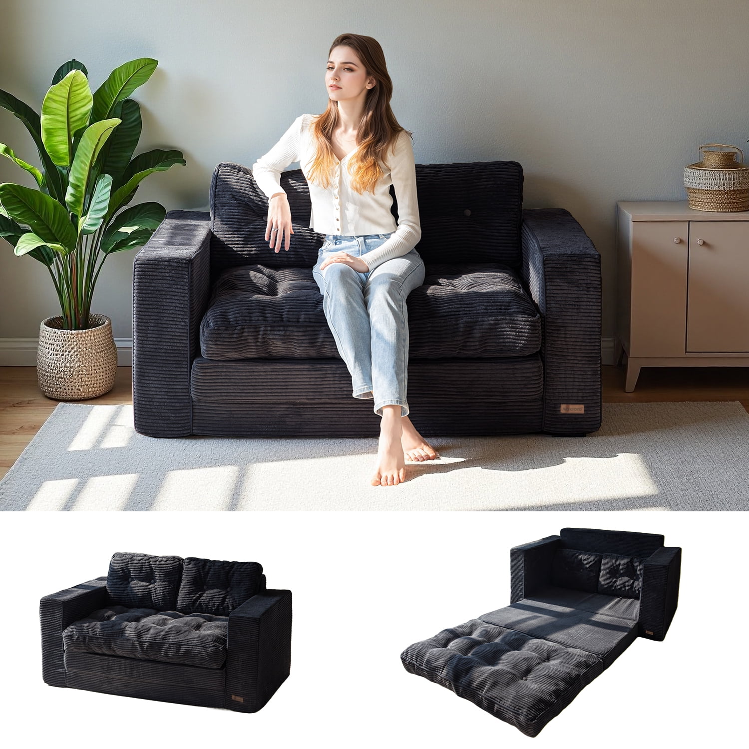 BYBYME Convertible Futon Sofa Bed,Pull Out Couch Beds Loveseat Sleeper,2 in 1 Folding Couch Bed with Pillows for Living Room Bedroom,Black