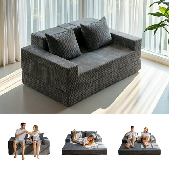 BYBYME Convertible Sofa Bed,Folding Lounger 4-in-1 Boneless Sofa with 2 Pillows and Cup Holder,Floor Sofa for Small Spaces Such as Living Rooms,No Assembly Required,Loveseat,DGrey