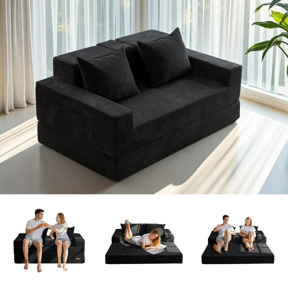 BYBYME Convertible Sofa Bed,Folding Lounger 4-in-1 Boneless Sofa with 2 Pillows and Cup Holder,Floor Sofa for Small Spaces Such as Living Rooms,No Assembly Required,Loveseat,Black