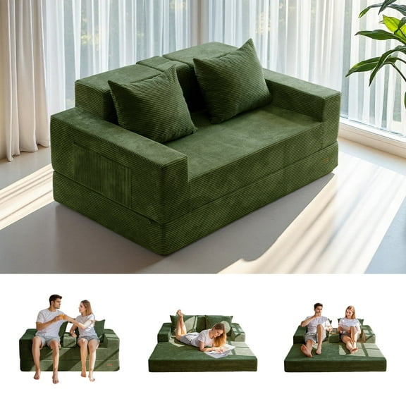 BYBYME Convertible Sofa Bed,Folding Lounger 4-in-1 Boneless Sofa with 2 Pillows and Cup Holder,Floor Sofa for Small Spaces Such as Living Rooms,No Assembly Required,Loveseat,DGreen