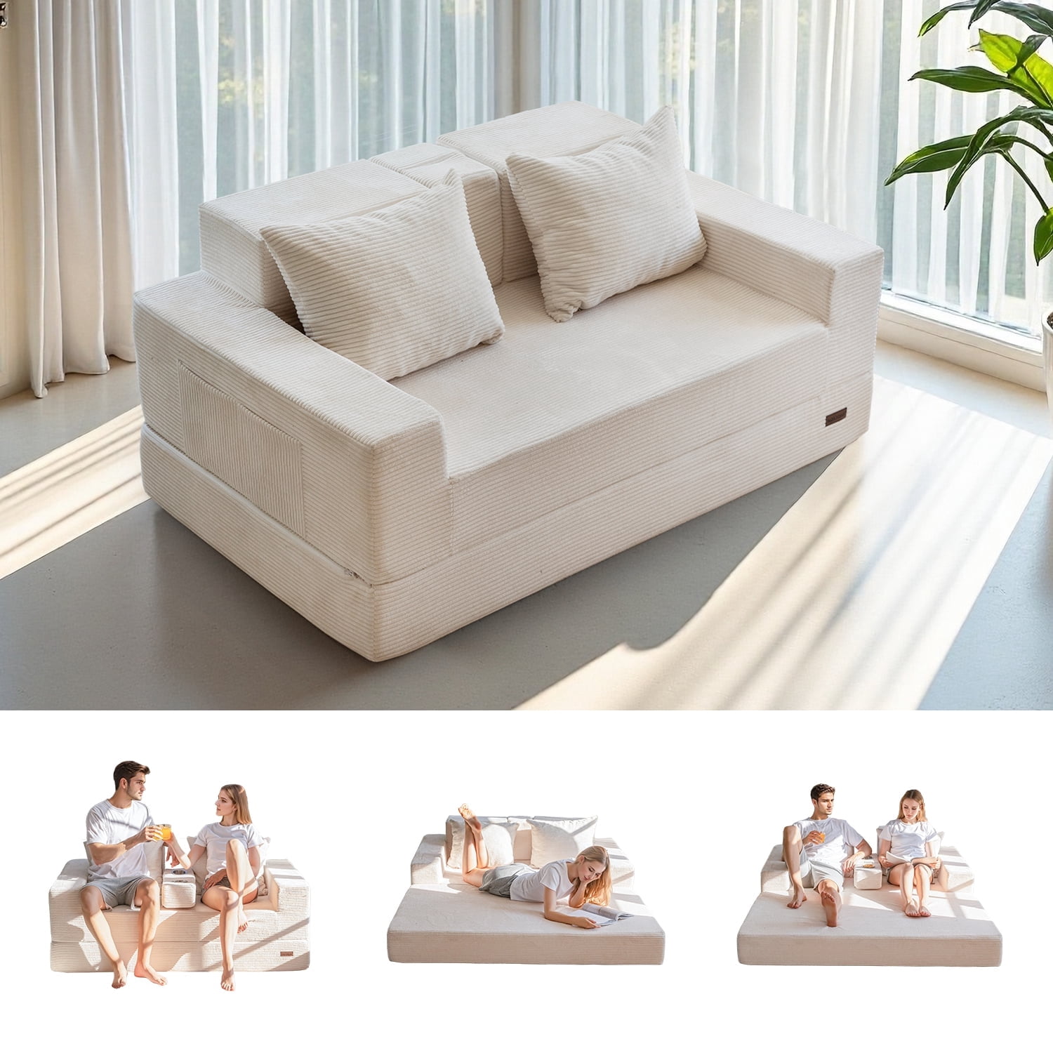 BYBYME Convertible Sofa Bed,Folding Lounger 4-in-1 Boneless Sofa with 2 Pillows and Cup Holder,Floor Sofa for Small Spaces Such as Living Rooms,No Assembly Required,Loveseat,Beige