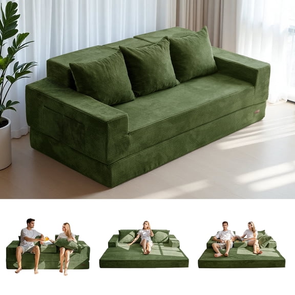 BYBYME Convertible Sofa Bed,Folding Lounger 4-in-1 Boneless Sofa with 3 Pillows and 2 Cup Holders,Floor Sofa for Small Spaces Such as Living Rooms,No Assembly Required,3 Seater,DGreen