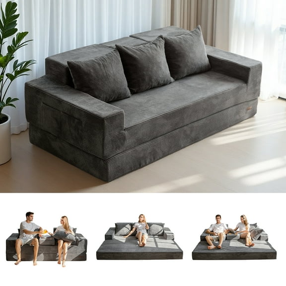 BYBYME Convertible Sofa Bed,Folding Lounger 4-in-1 Boneless Sofa with 3 Pillows and 2 Cup Holders,Floor Sofa for Small Spaces Such as Living Rooms,No Assembly Required,3 Seater,DGrey