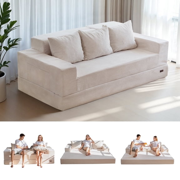 BYBYME Convertible Sofa Bed,Folding Lounger 4-in-1 Boneless Sofa with 3 Pillows and 2 Cup Holders,Floor Sofa for Small Spaces Such as Living Rooms,No Assembly Required,3 Seater,Beige