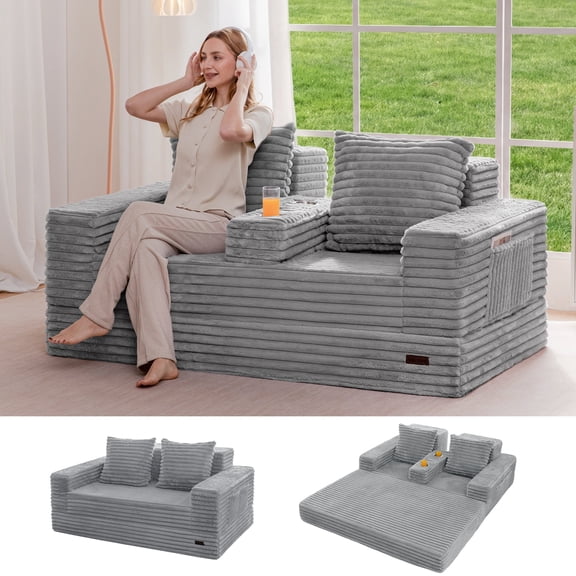 BYBYME Convertible Wide-wale corduroy Sofa Bed,Folding Lounger 4-in-1 Boneless Sofa with 2 Pillows and Cup Holder,Floor Sofa for Small Spaces Such as Living Rooms,No Assembly Required,Loveseat,Grey