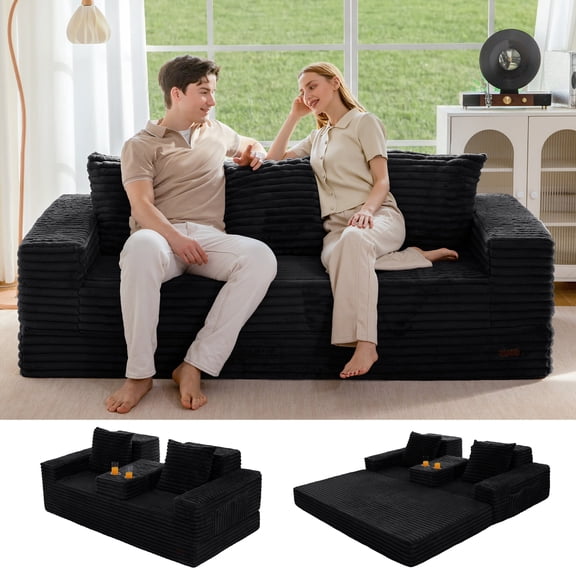 BYBYME Convertible Wide-wale corduroy Sofa Bed,Folding Lounger 4-in-1 Boneless Sofa with 2 Pillows and Cup Holder,Floor Sofa for Small Spaces Such as Living Rooms,No Assembly Required,3-Seater,Black