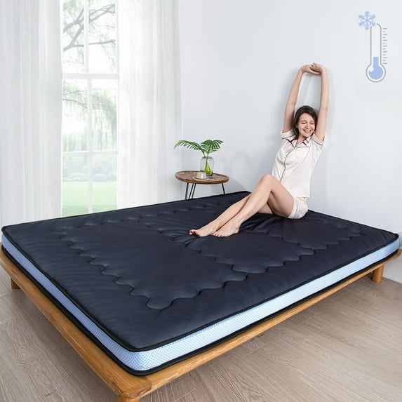 BYBYME Cooling Floor Mattress Japanese Futon Mattress for Hot Sleepers, Cooling Mattress Pad Portable Floor Bed Camping Mattress Roll Up Mattress for Summer, Breathable Mesh, Cool Sleep,Black,Twin
