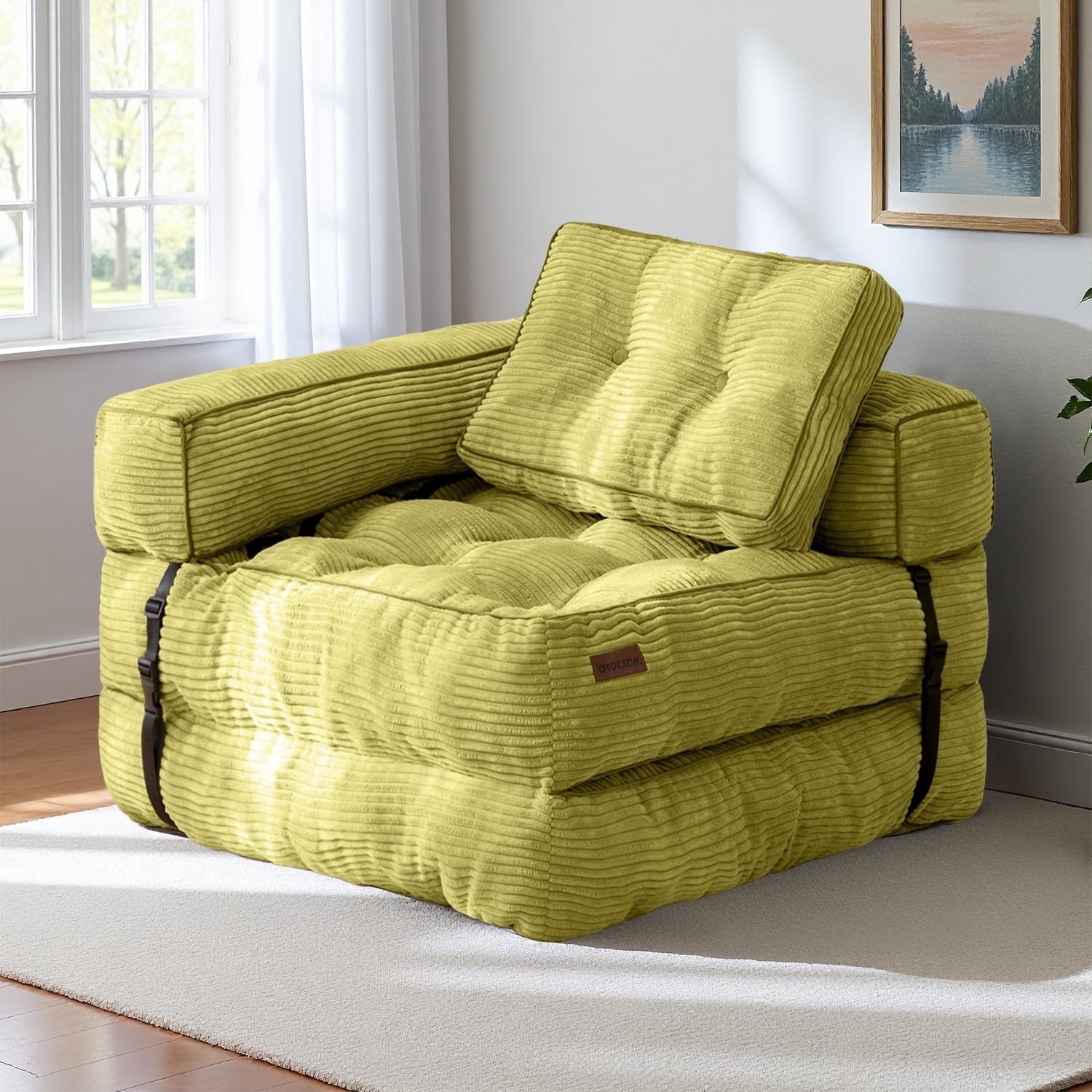 BYBYME Folding Sofa Bed,8 Inch L Shape Convertible Sofa Bed with Armrests,Floor Sofa Bed with Pillows,Portable Folding Chair Bed,Lounger for Living Room and Bedroom,etc.,Green