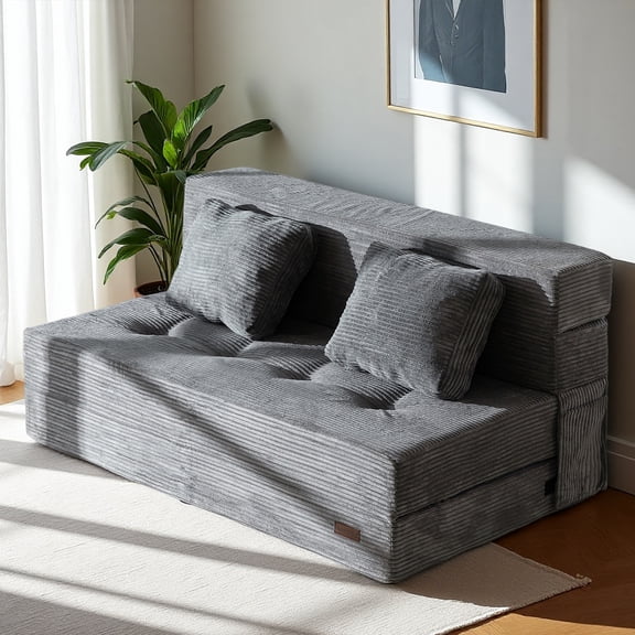 BYBYME Folding Sofa Bed,Adjustable 6" Floor Couch Memory Foam Mattress,4 in 1 Tufted Folding Couch Bed Foam Floor Couch,Convertible Sleeper Chair with Pillow for Guest Room,Full,Grey