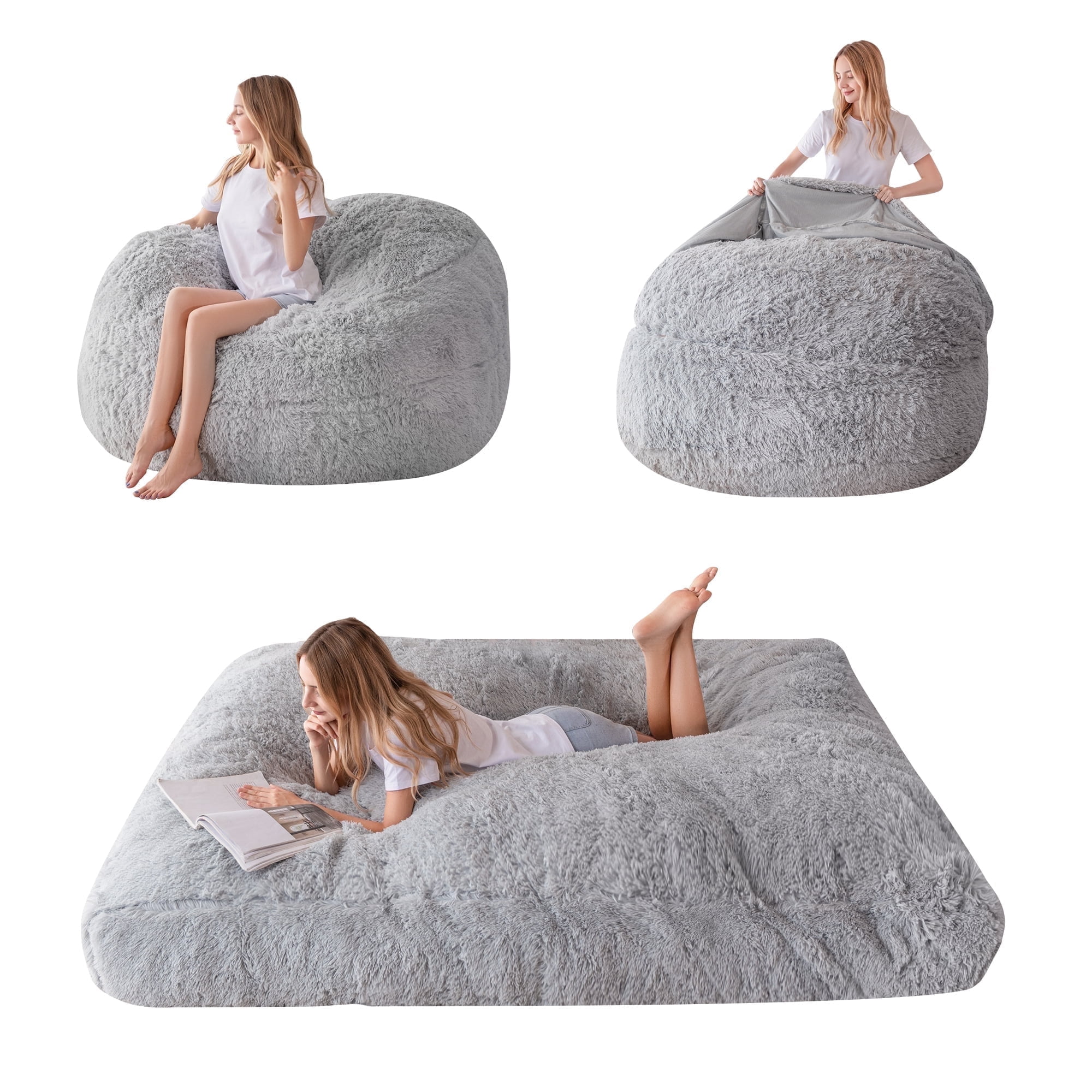 BYBYME Giant Bean Bag Chair Bed for Adults, Convertible Beanbag Folds from Lazy Chair to Floor Mattress Bed, Large Floor Sofa Couch, Big Sofa Bed, High-Density Foam Filling, Machine Washable,Queen