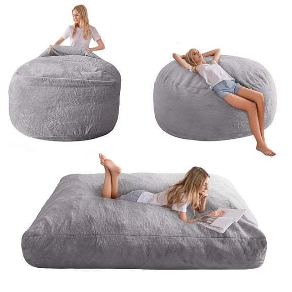BYBYME Giant Washable and Convertible Bean Bag Chairs with Cover, Gray