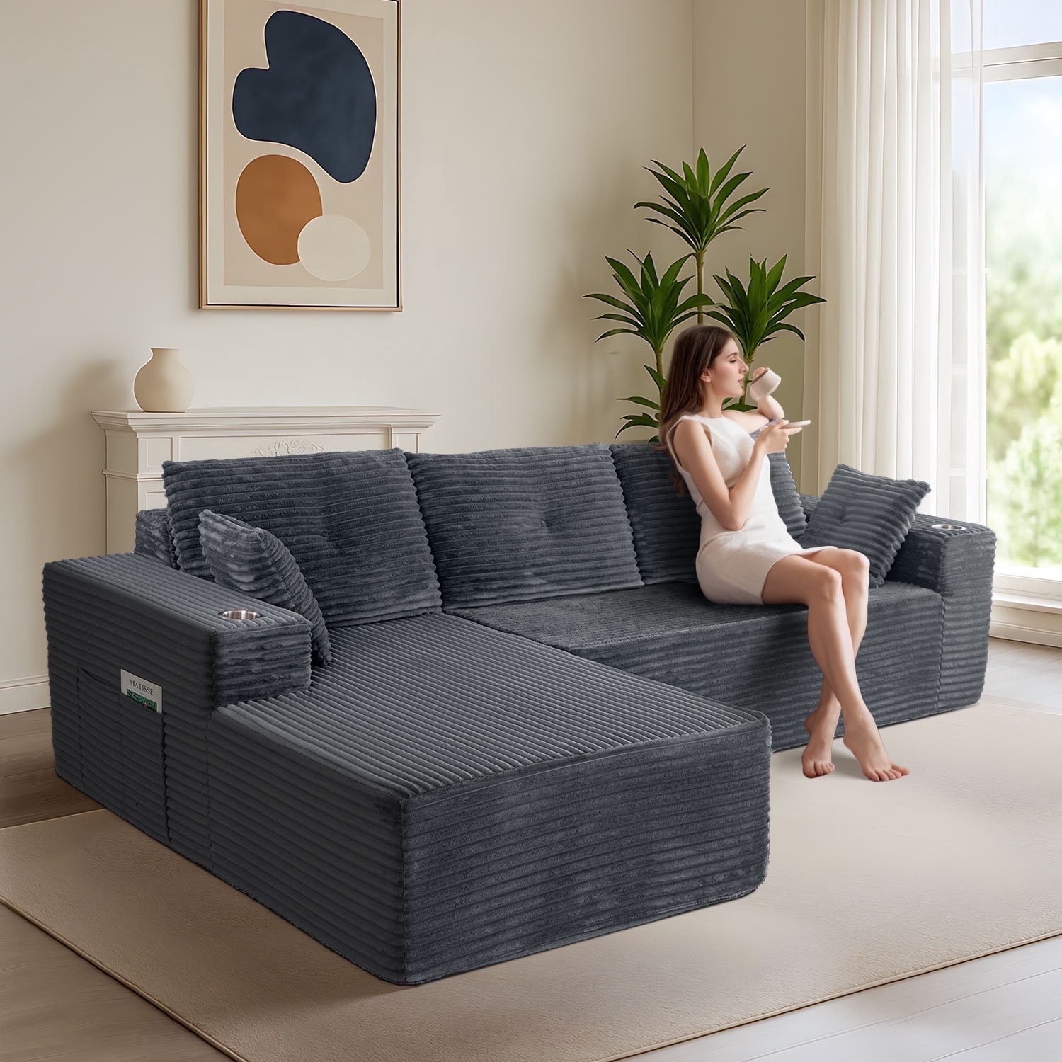 BYBYME 104" Cloud Sectional Couch with L-Shape Chaise Modern Comfy Modular Plush Corduroy Sofa for Living Room, No Assembly Required, Left Facing Chaise,Dark Grey