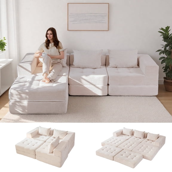 BYBYME Modular Sectional Sofa,Foldable Upholstered L Shaped Boneless Couches,Tufted 4-Seat Cloud Couch with Deep Seat,No Assembly Required,Beige