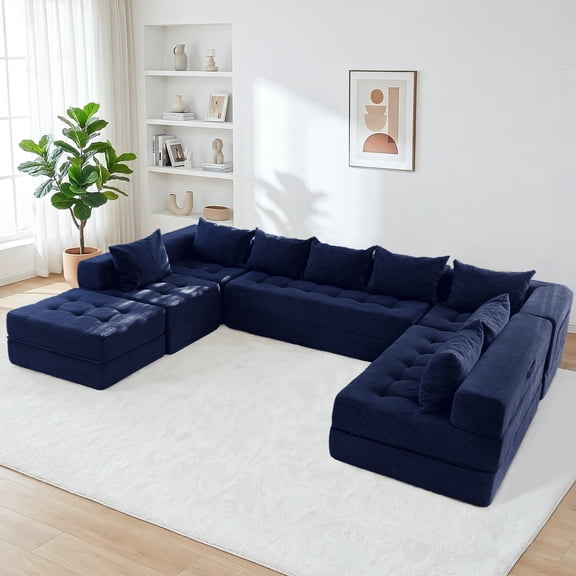 BYBYME Modular Sectional Sofa,Foldable Upholstered U Shaped Boneless Couches,Tufted 9-Seat Cloud Couch with Deep Seat,No Assembly Required,Navy