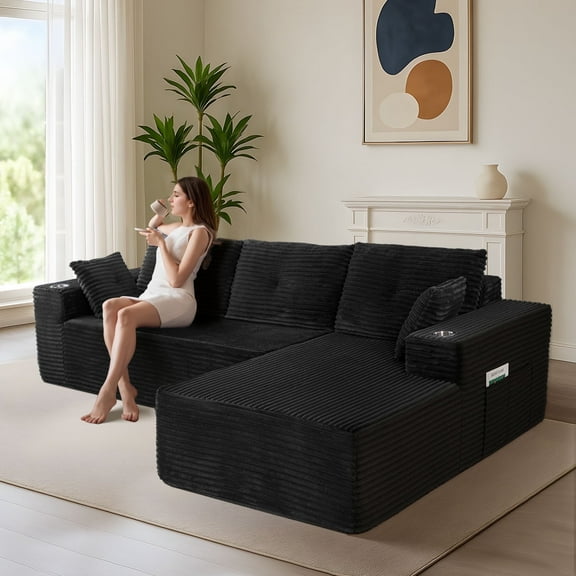 BYBYME 104" Cloud Sectional Couch with L-Shape Chaise Modern Comfy Modular Plush Corduroy Sofa for Living Room, No Assembly Required, Right Facing Chaise,Black