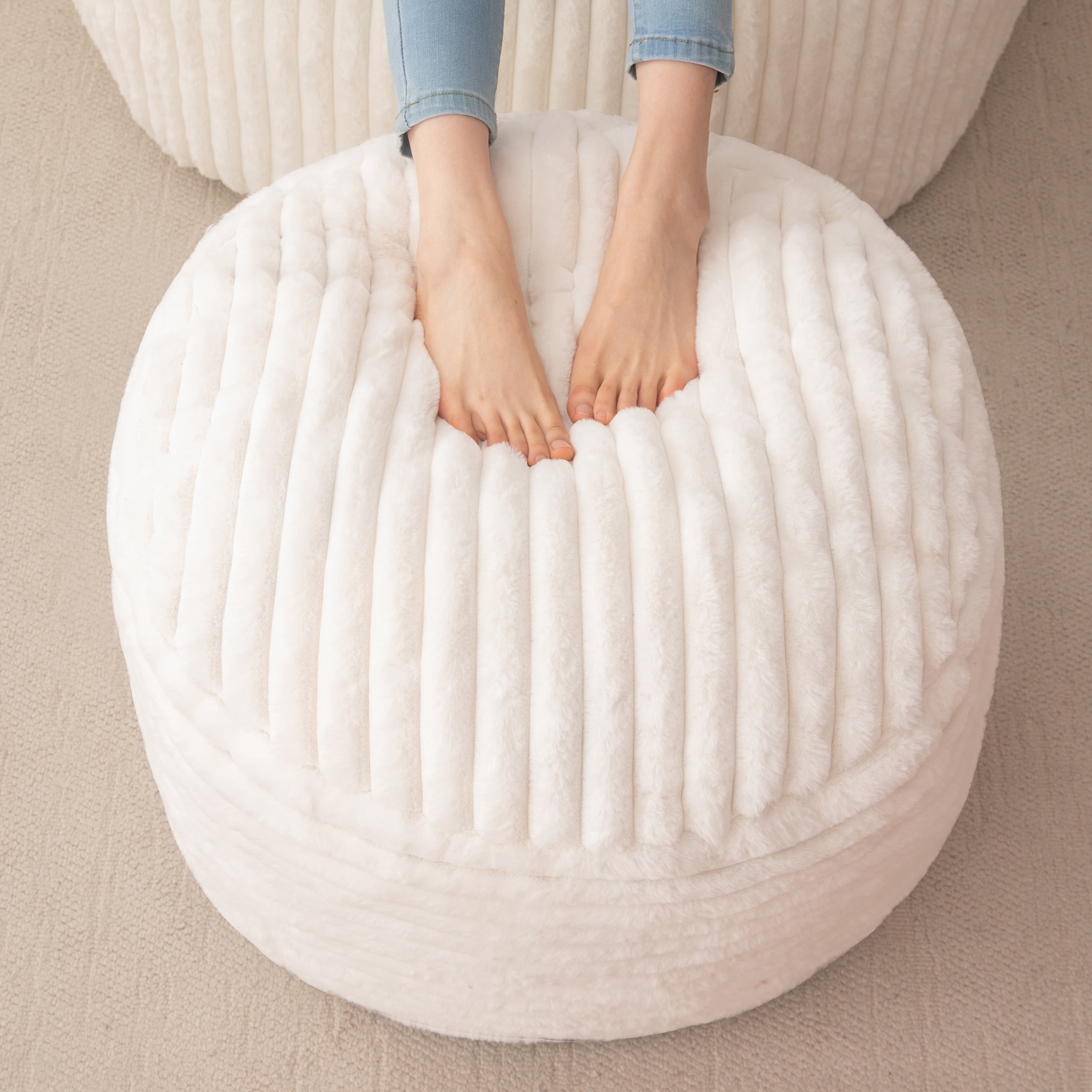 BYBYME Round Ottoman,Plush Striped Footrest,A Modern Foam Stuffed Poof ...