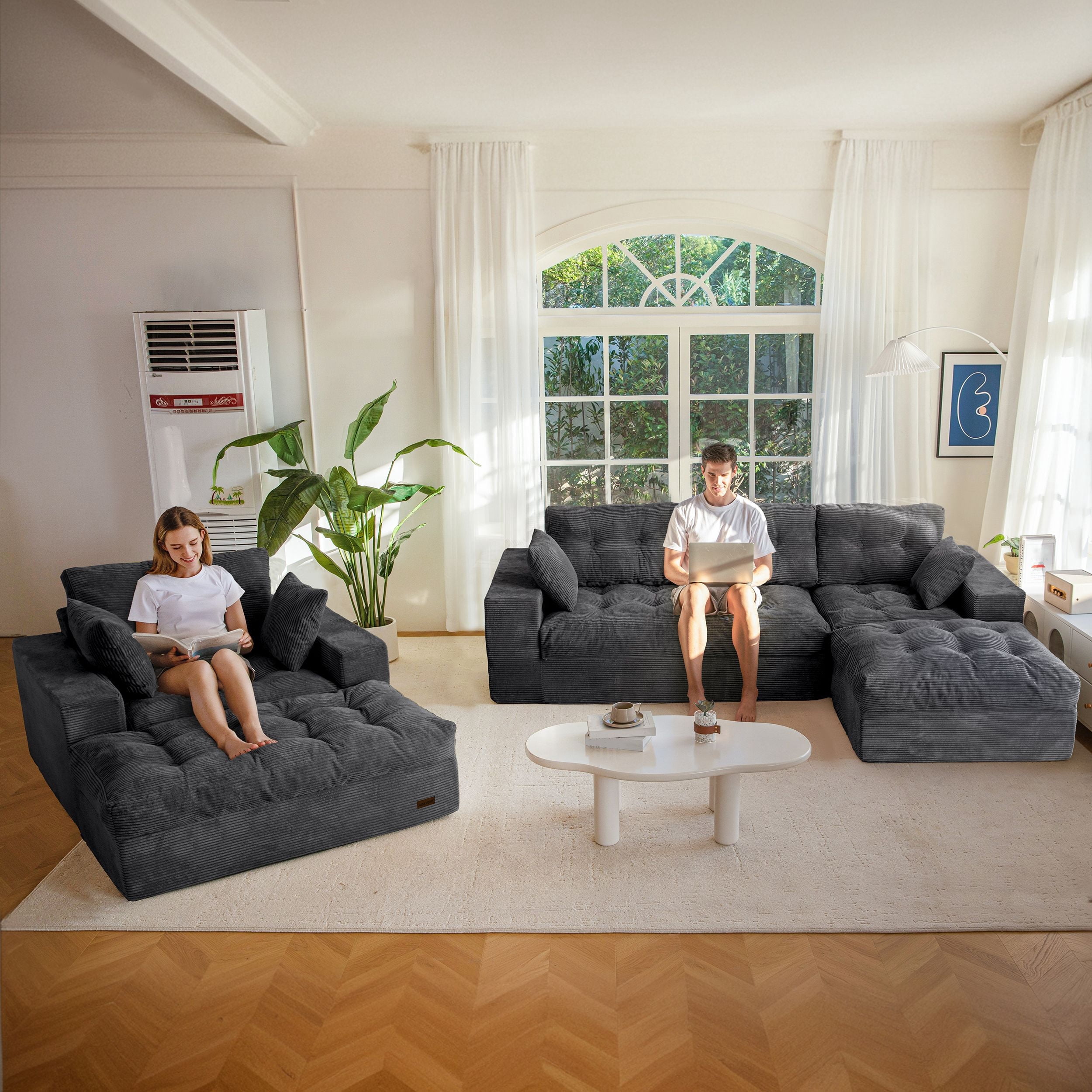 BYBYME Sofa Couch and Chaise Lounge,L Shaped Cloud-Plush Corduroy Boneless Floor Sofa Bed,Tufted Upholstered Sleeper Chair for Living Room,Dark Grey